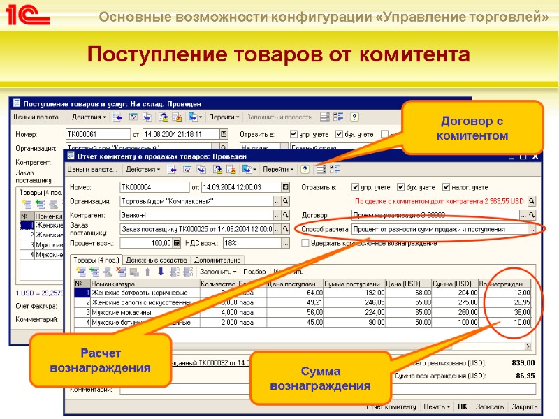 Поступление товаров от комитента Расчет вознаграждения Договор с комитентом Сумма вознаграждения